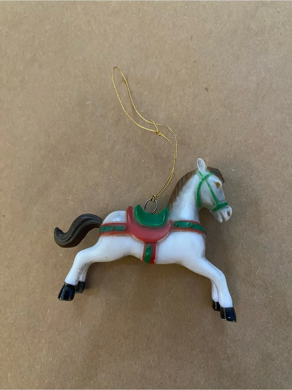 Vintage White Carousel Horse Ornament w/ Saddle, plastic, Traditional Christmas